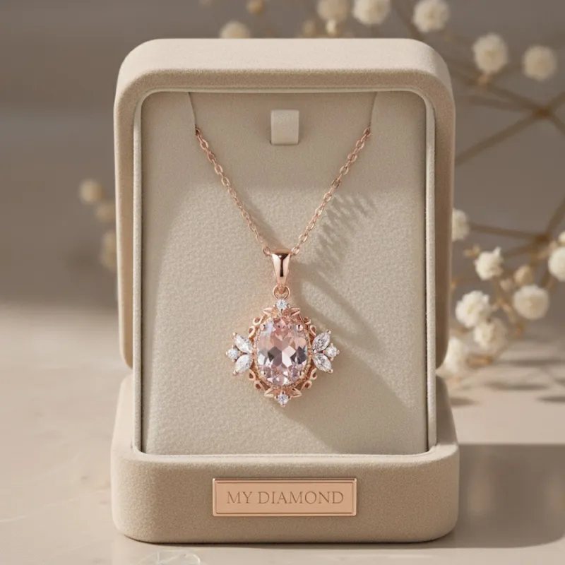 Morganit Ve Pırlanta Vintage Rose Altın Kolye