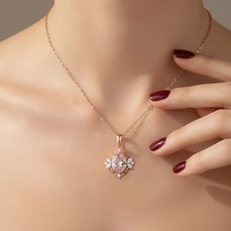 Morganit Ve Pırlanta Vintage Rose Altın Kolye