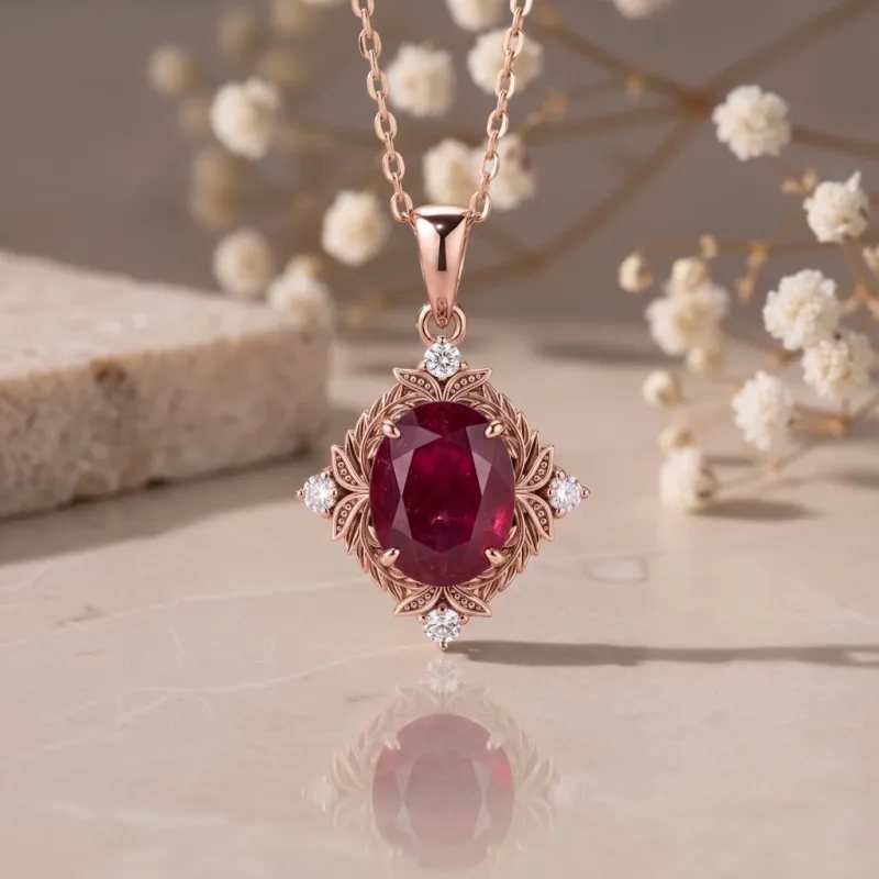 1.00 Carat Yakut Ve Pırlanta Vintage Altın Kolye