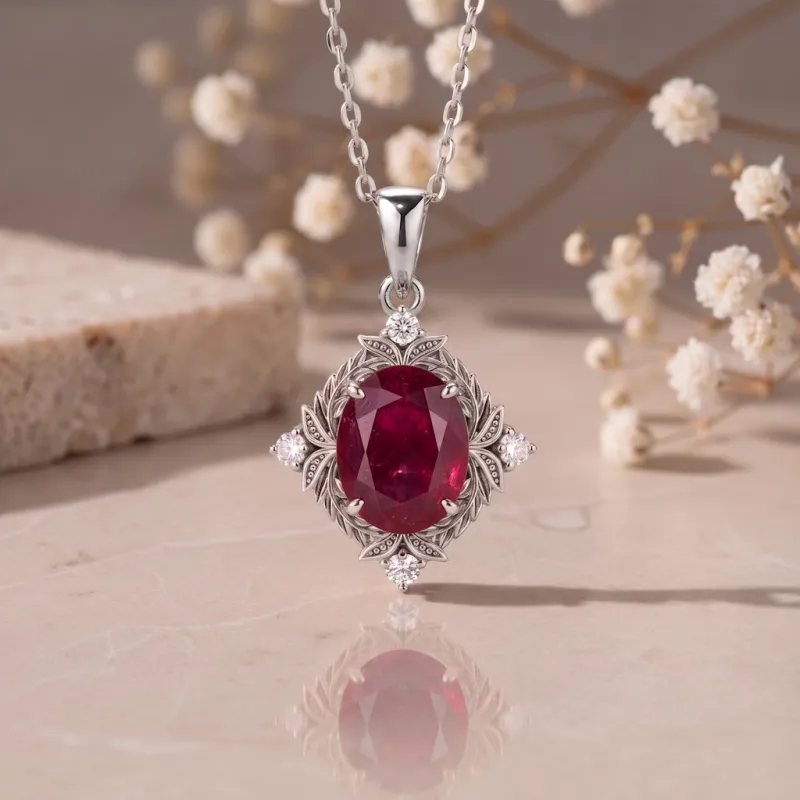 1.00 Carat Yakut Ve Pırlanta Vintage Altın Kolye