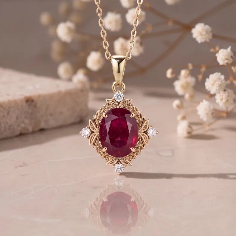 1.00 Carat Yakut Ve Pırlanta Vintage Altın Kolye