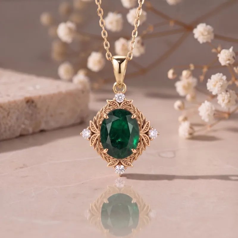 1.00 Karat Gerçek Zümrüt Ve Pırlanta Vintage Kolye