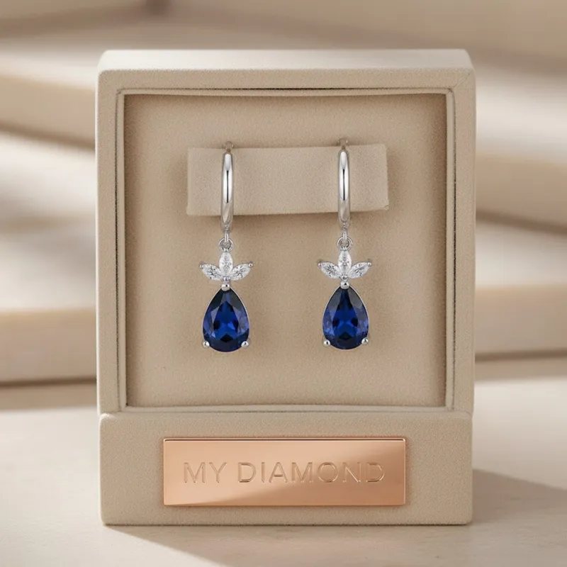 Su Damlası Safir Ve Markiz Pırlantalı Altın Küpe