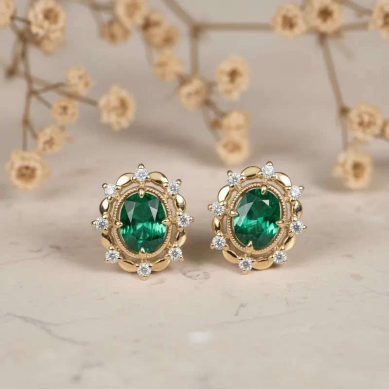 Oval Doğal Zümrüt Vintage Pırlanta Halo Küpe