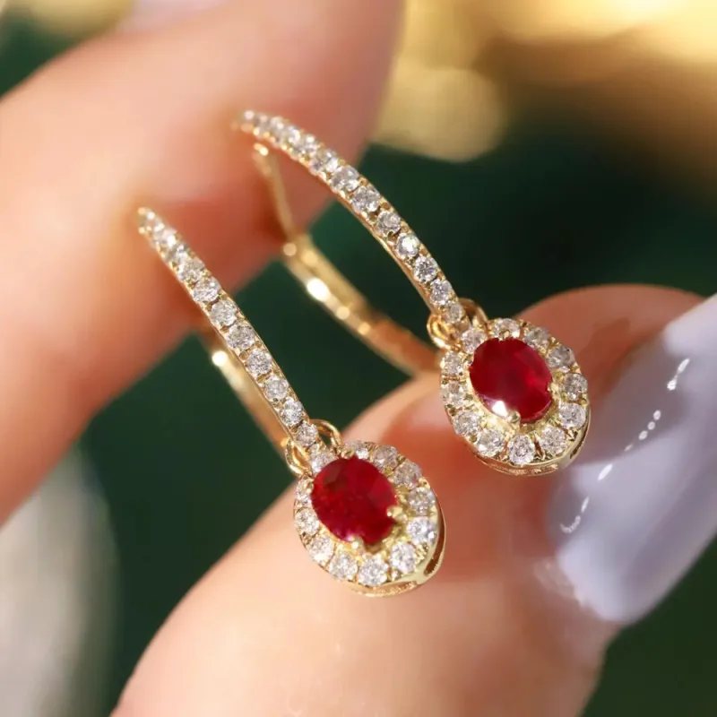 Vintage Tasarım Yakut Ve Pırlantalı Sallantılı Küpe