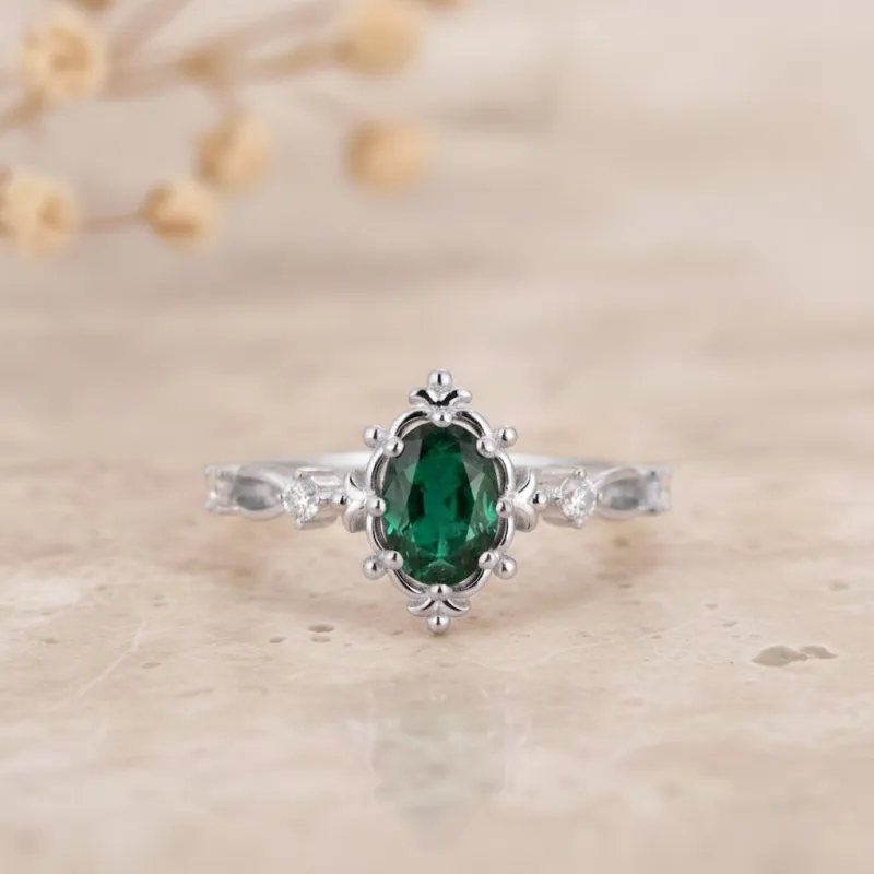 0.80 Karat Oval Hakiki Zümrüt Vintage Pırlanta Yüzük