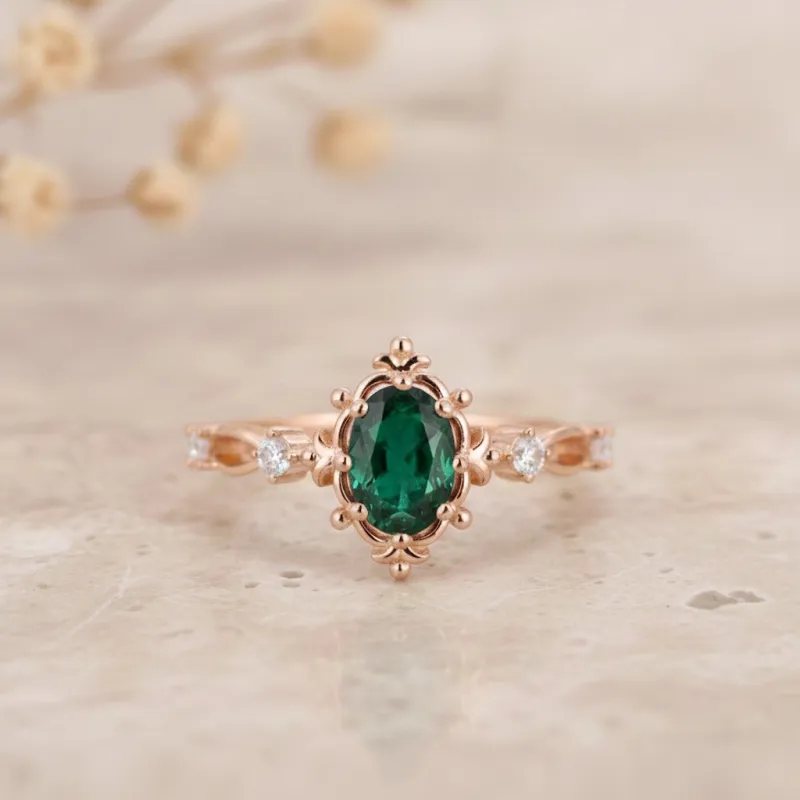 0.80 Karat Oval Hakiki Zümrüt Vintage Pırlanta Yüzük