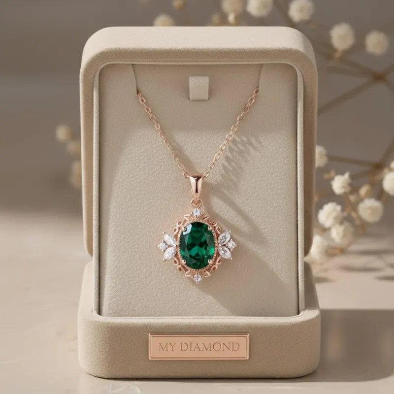 0.70 Karat Oval Doğal Zümrüt Vintage Altın Kolye