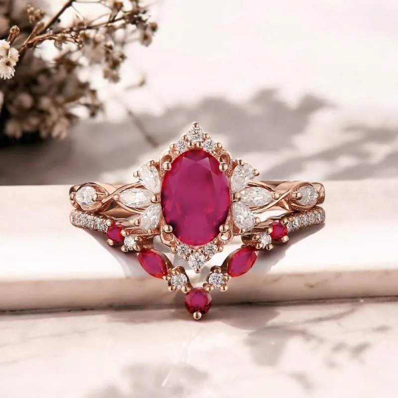 Yakut Yüzük Seti Vintage Tasarım Doğal 0.99 Ct