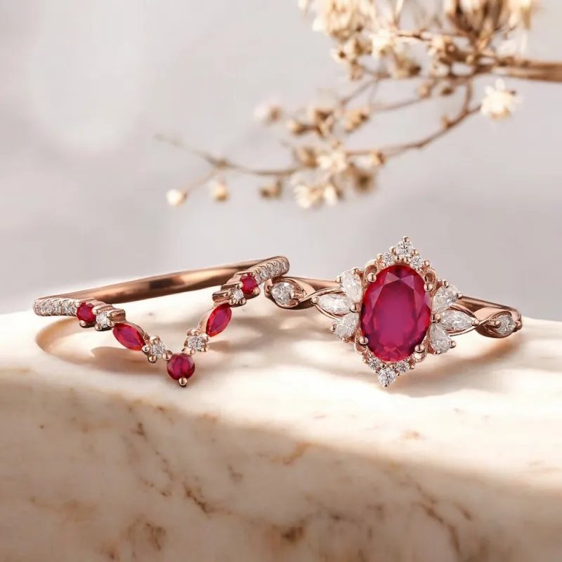 Yakut Yüzük Seti Vintage Tasarım Doğal 0.99 Ct